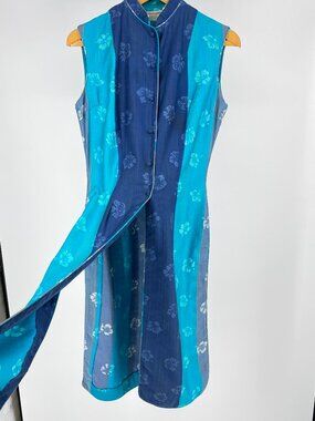 Vintage Waltah Clarke Hawaiian Tiki Hostess Tunic Cheongsam Frog Closure Blue